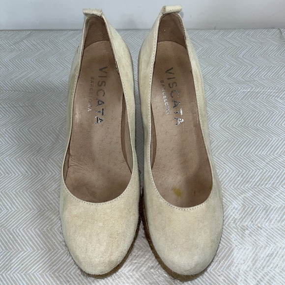 Viscata Barcelona V Cut Espadrille Sz 39 Wedge Tan/Cream Slip On Pointed Toe Y2K - Picture 3 of 14